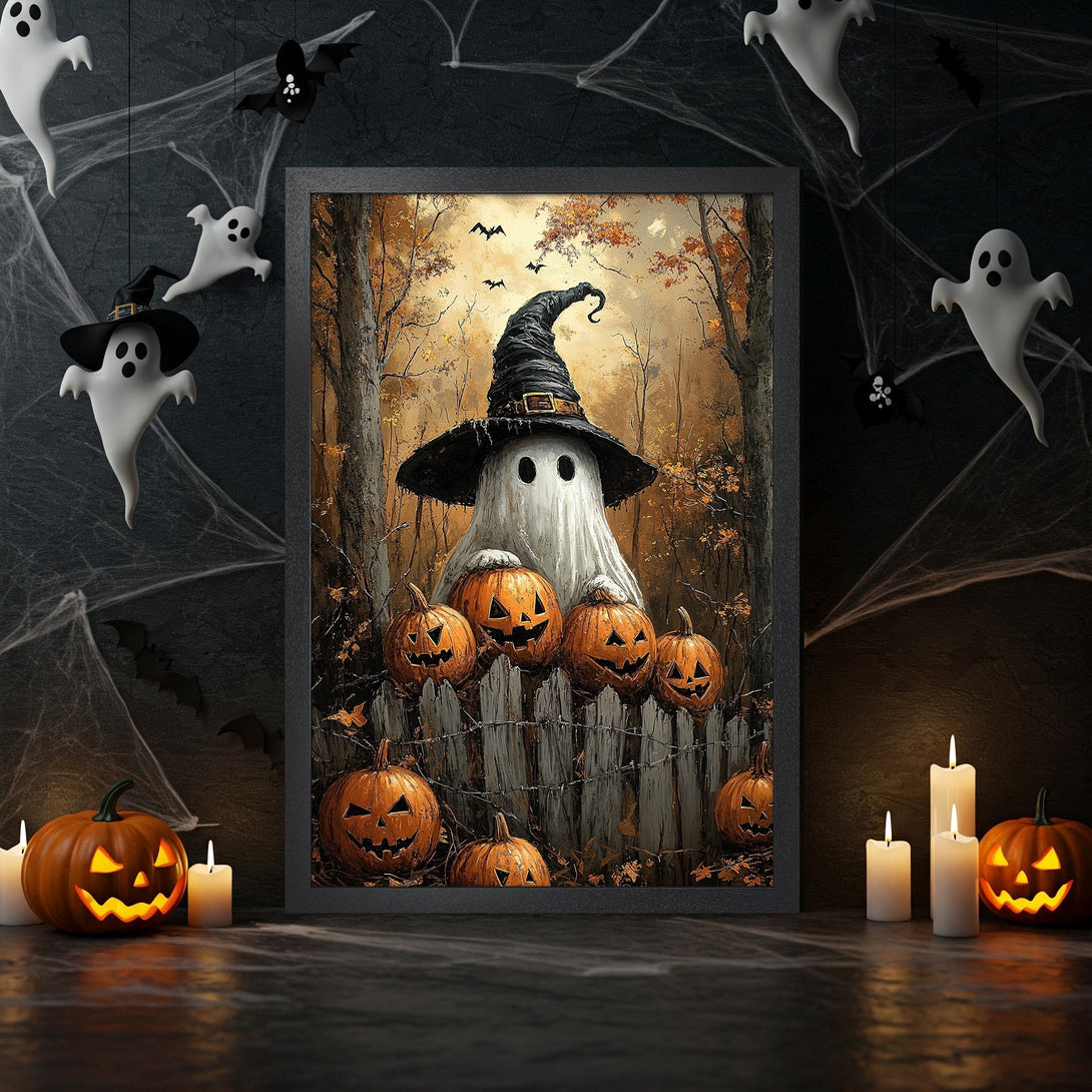 Framed Poster: Spooky Halloween art with a ghost in a witch hat, pumpkins, and a warm color palette. Perfect for fall decor!
