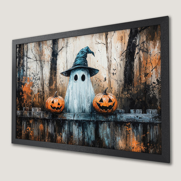 Framed Poster featuring a whimsical ghost and pumpkins in an abstract style, with a warm, autumnal color palette, perfect for Halloween.