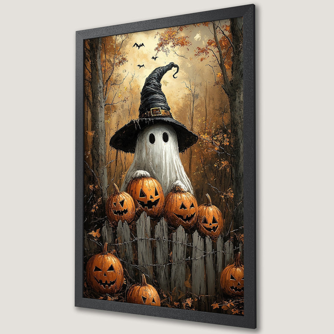 Framed Poster featuring a spooky ghost in a witch hat with pumpkins. Autumnal style with orange, brown, and black color palette. Perfect Halloween decor.