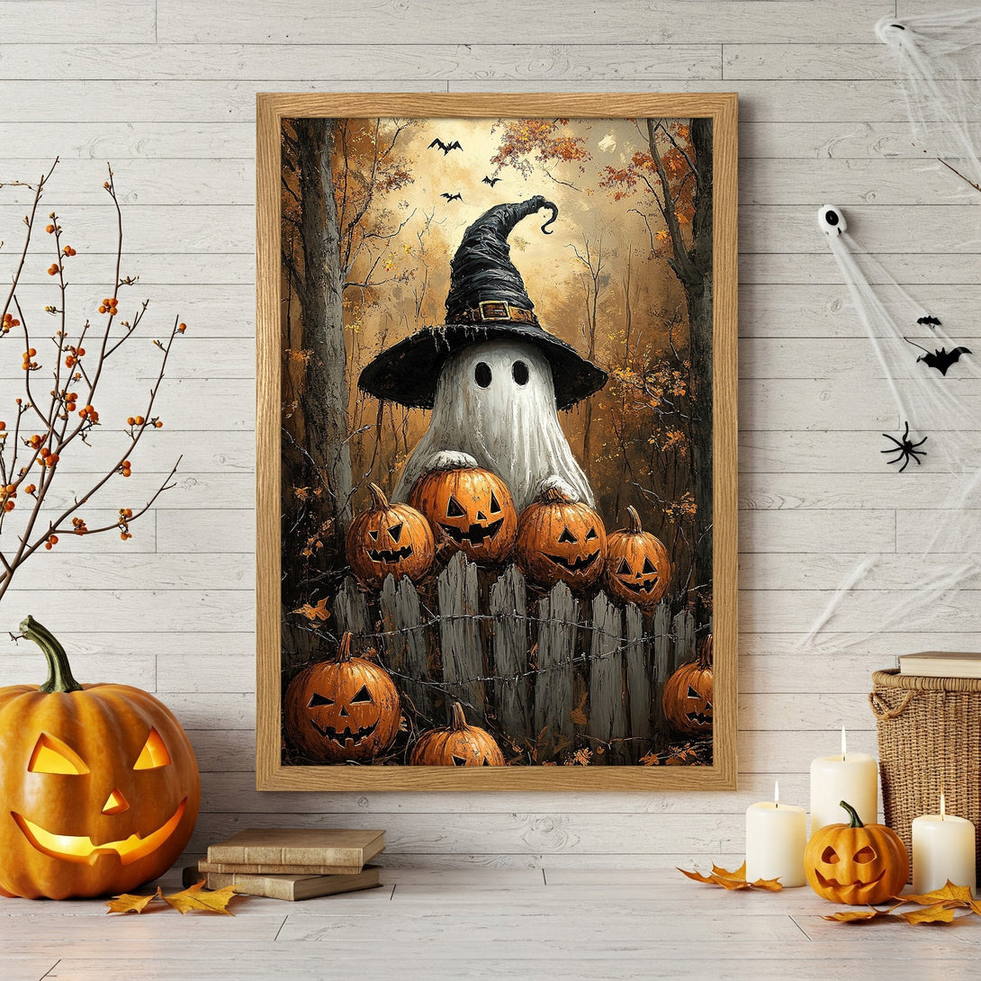 Framed Poster featuring a spooky ghost & pumpkins in a fall forest scene. Warm orange & brown color palette, perfect Halloween decor!