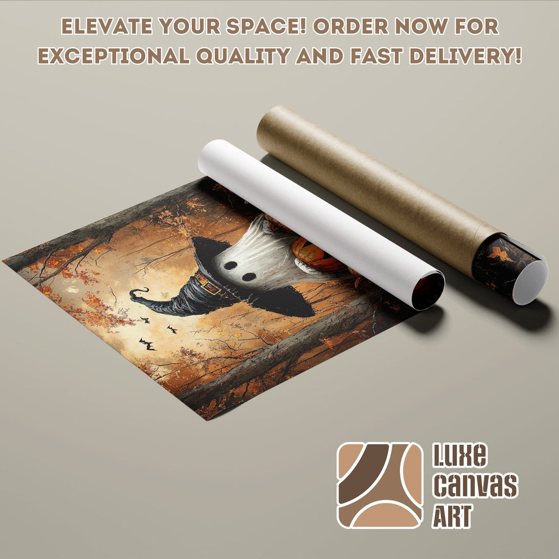 Halloween art poster roll, featuring a whimsical ghost in a witch hat, warm autumn colors.
