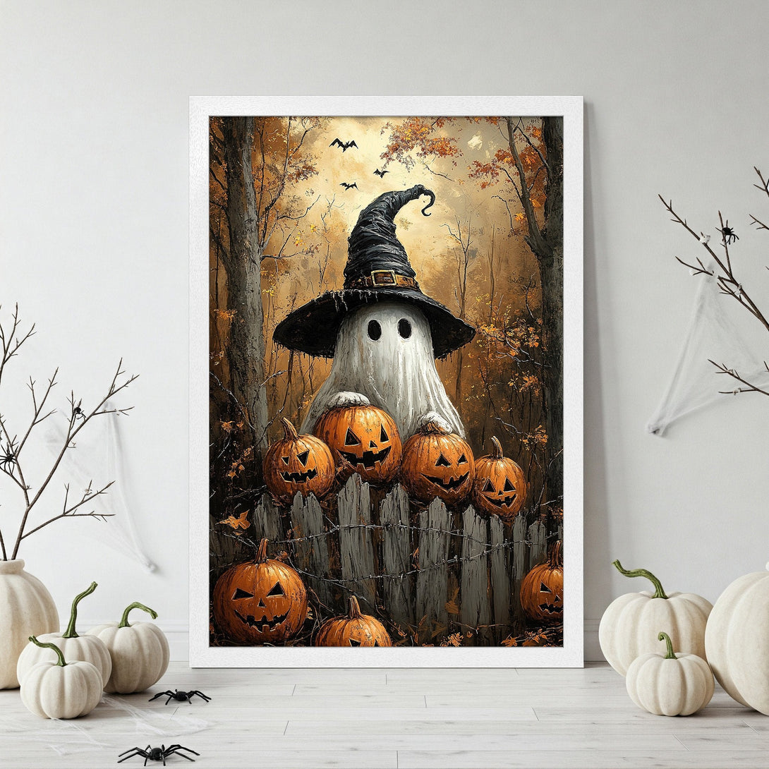 Framed Poster featuring a spooky ghost with pumpkins in a fall forest scene. Autumnal color palette. Perfect Halloween decor!
