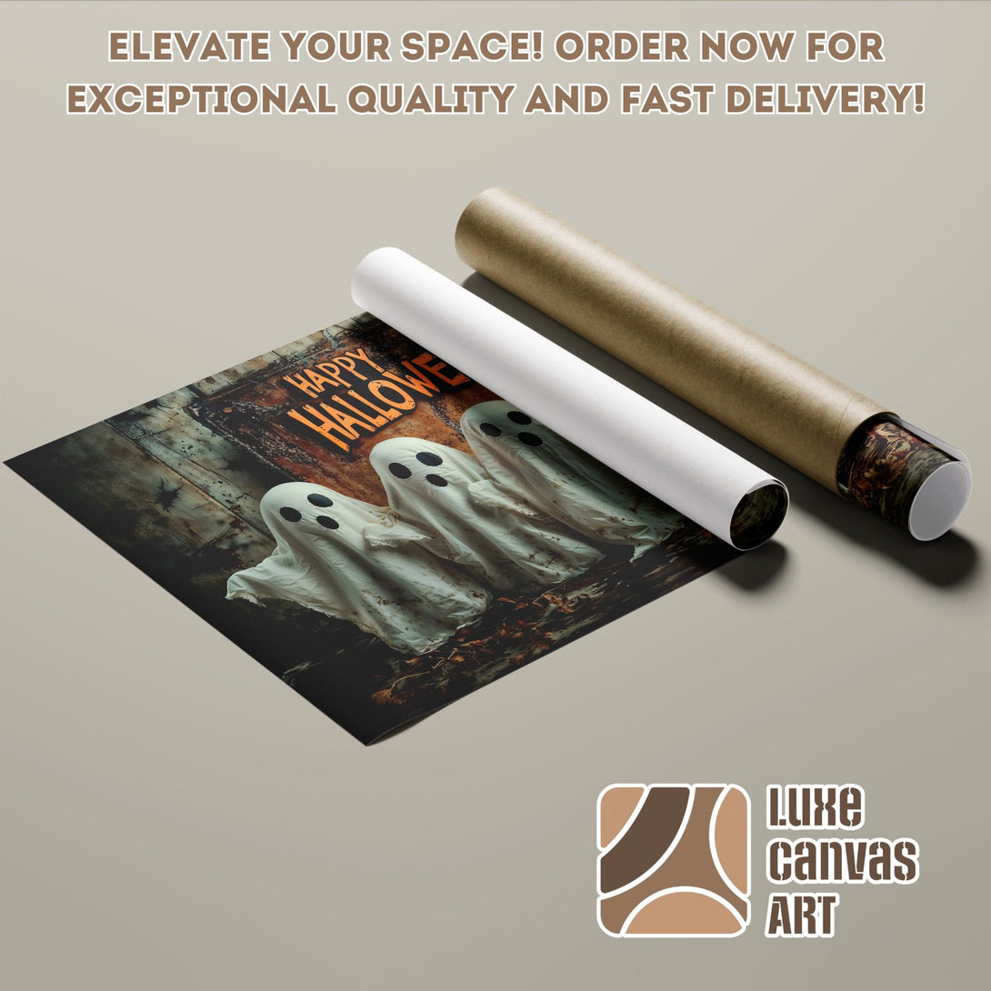 Halloween Poster Roll featuring spooky ghosts, dark wood, and orange accents. Elevate your space!