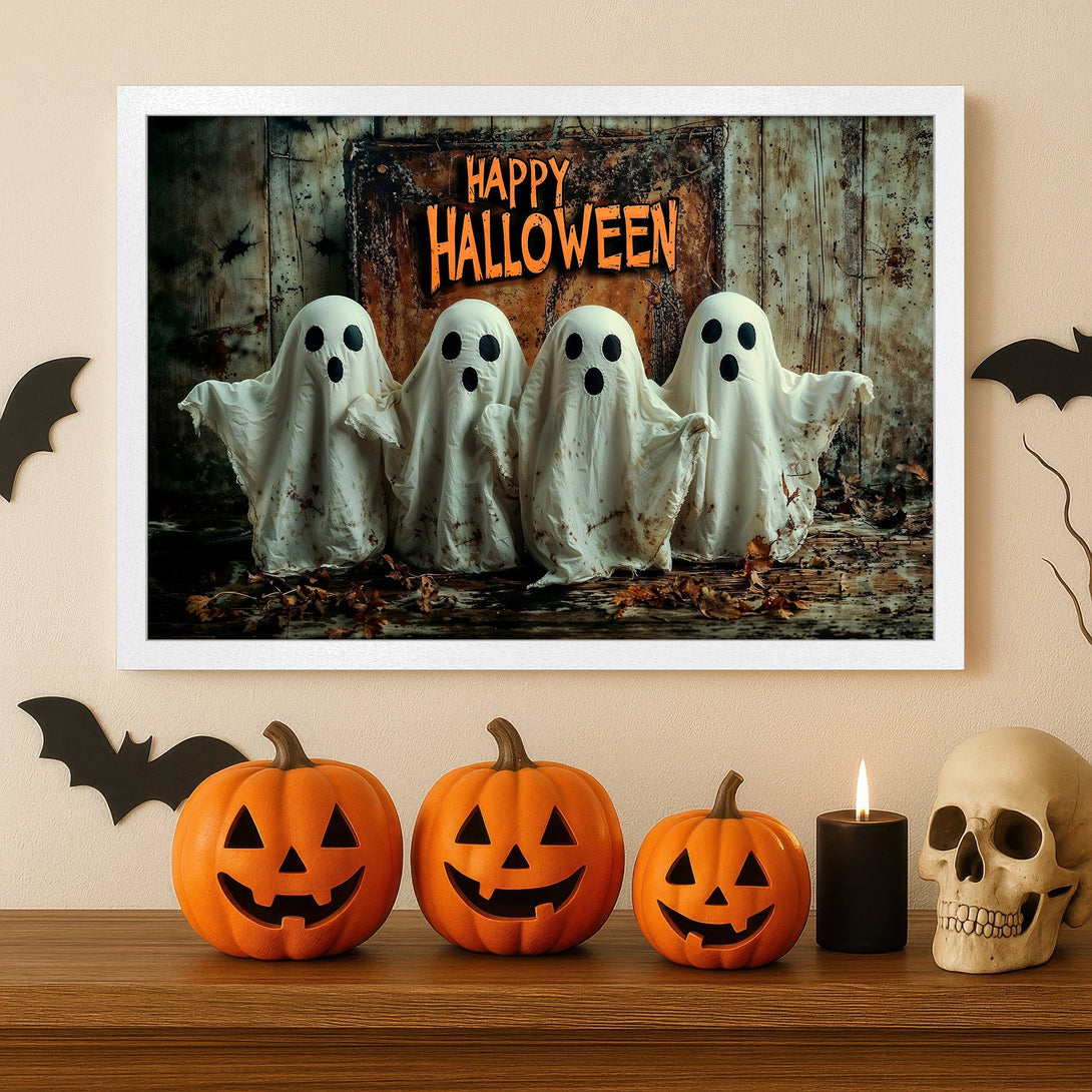 Framed Poster featuring spooky ghosts with a rustic Halloween theme, orange and cream color palette. Perfect for Halloween decor!