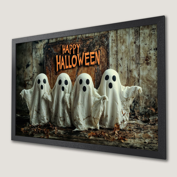 Framed Poster featuring spooky ghosts with a rustic, Halloween theme in a warm, earthy color palette. Perfect Halloween decor!