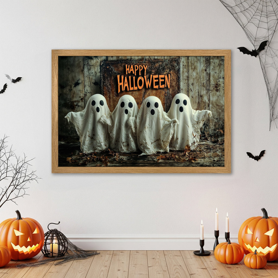 Framed Poster featuring spooky ghosts. Rustic style with orange, white, and brown color palette. Perfect Halloween decor!