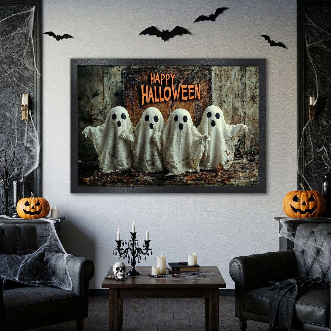 Framed Poster featuring spooky ghosts, rustic style, and a warm, autumnal color palette. Perfect Halloween decor!