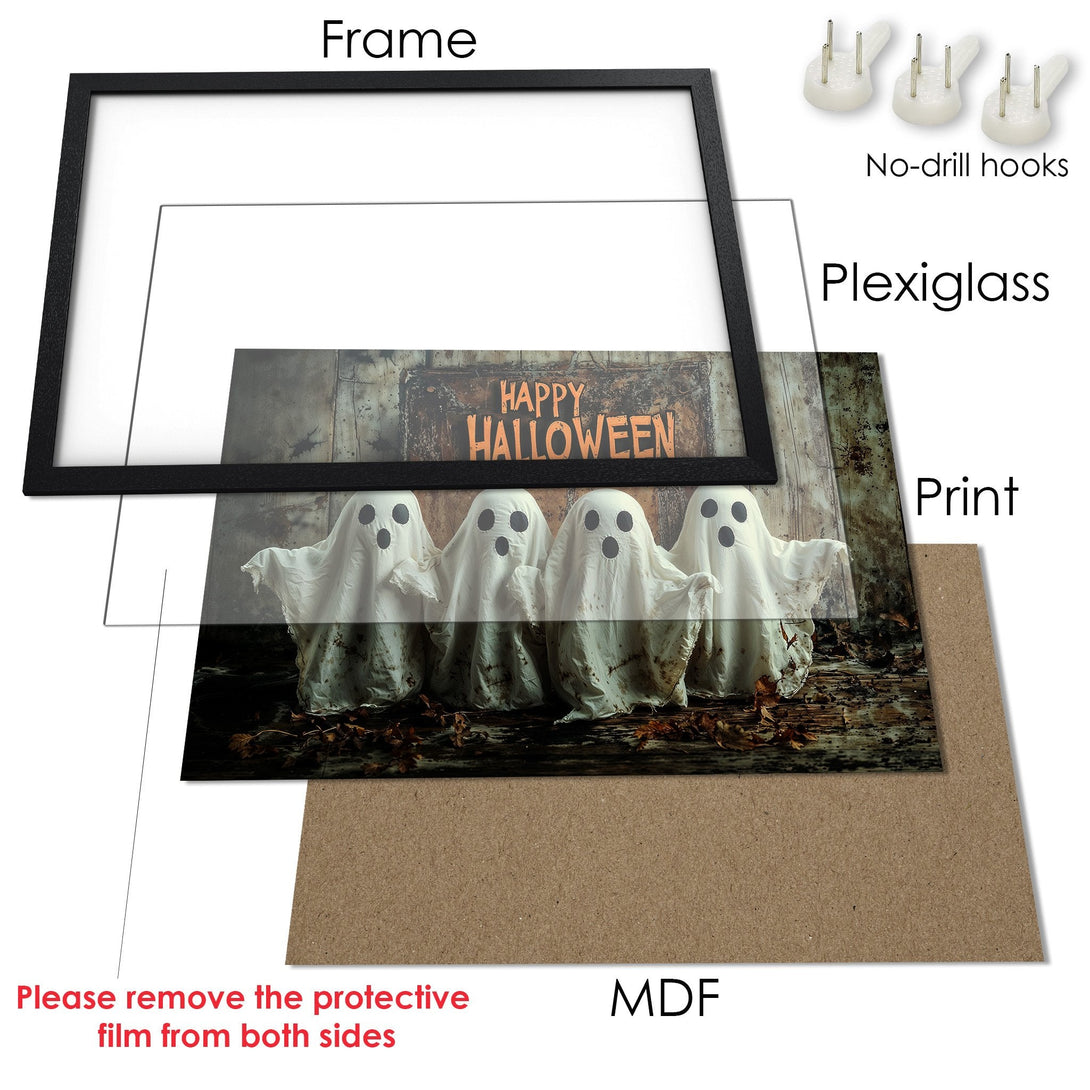 Framed Poster featuring spooky ghosts with a rustic, vintage style and a neutral color palette. Perfect Halloween decor!