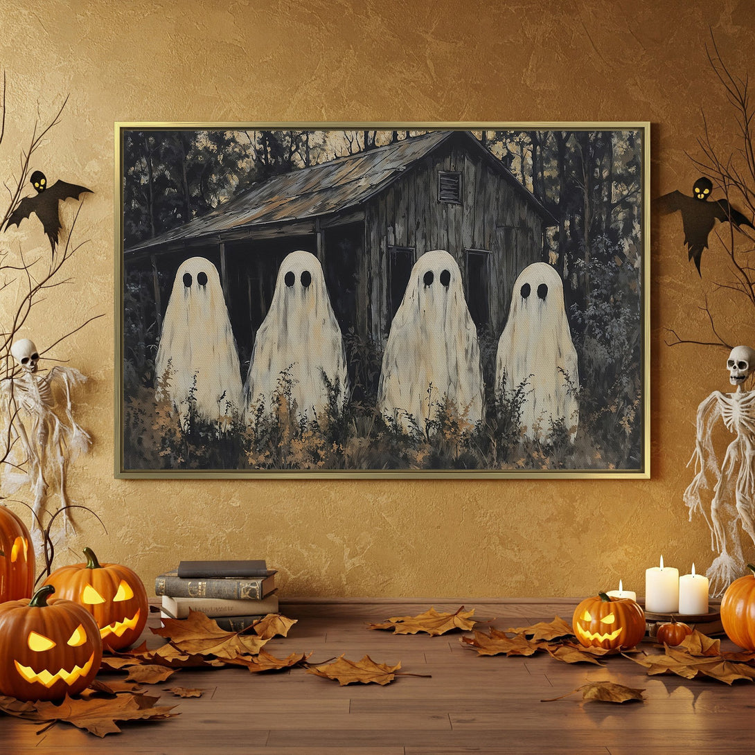 Canvas Print: Spooky Halloween art featuring ghostly figures in a rustic, dark color palette. Perfect for adding a touch of eerie elegance to your decor.