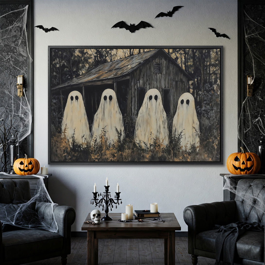 Framed Wall Art: Spooky Halloween scene with ghosts, cabin, and dark color palette. Perfect for adding a touch of eerie charm to your home decor.