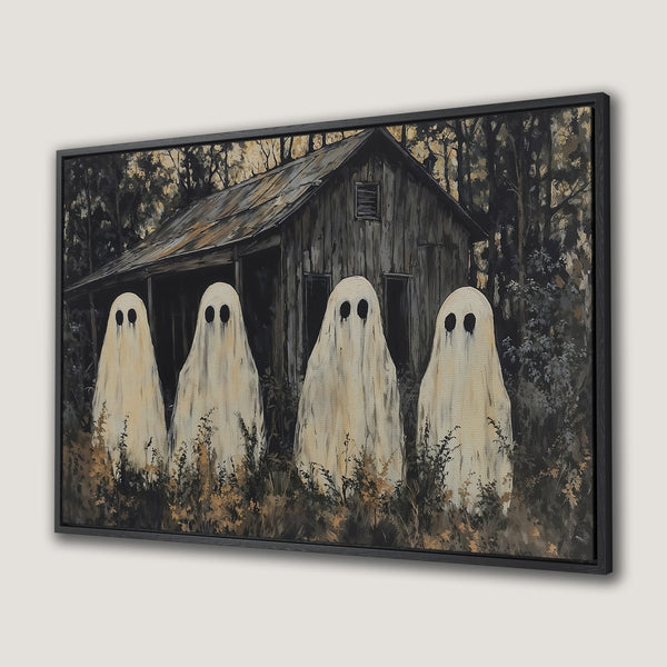 Framed Wall Art: Spooky ghost painting in a dark, moody palette. Perfect Halloween decor! Canvas Print featuring a haunted house scene.