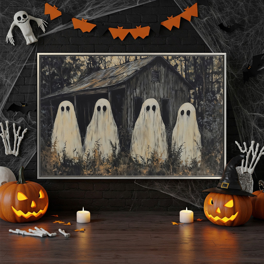 Framed Wall Art: Spooky Halloween scene with ghosts, barn & dark forest. Rustic style, neutral & orange tones. Perfect for Halloween decor.