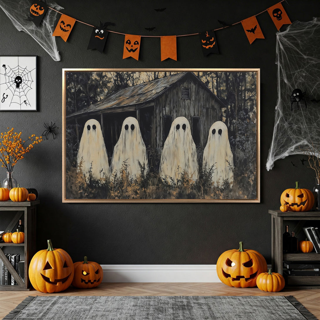 Framed Wall Art: Spooky Halloween scene with ghosts & haunted house. Rustic style, neutral & orange color palette, perfect for seasonal decor.