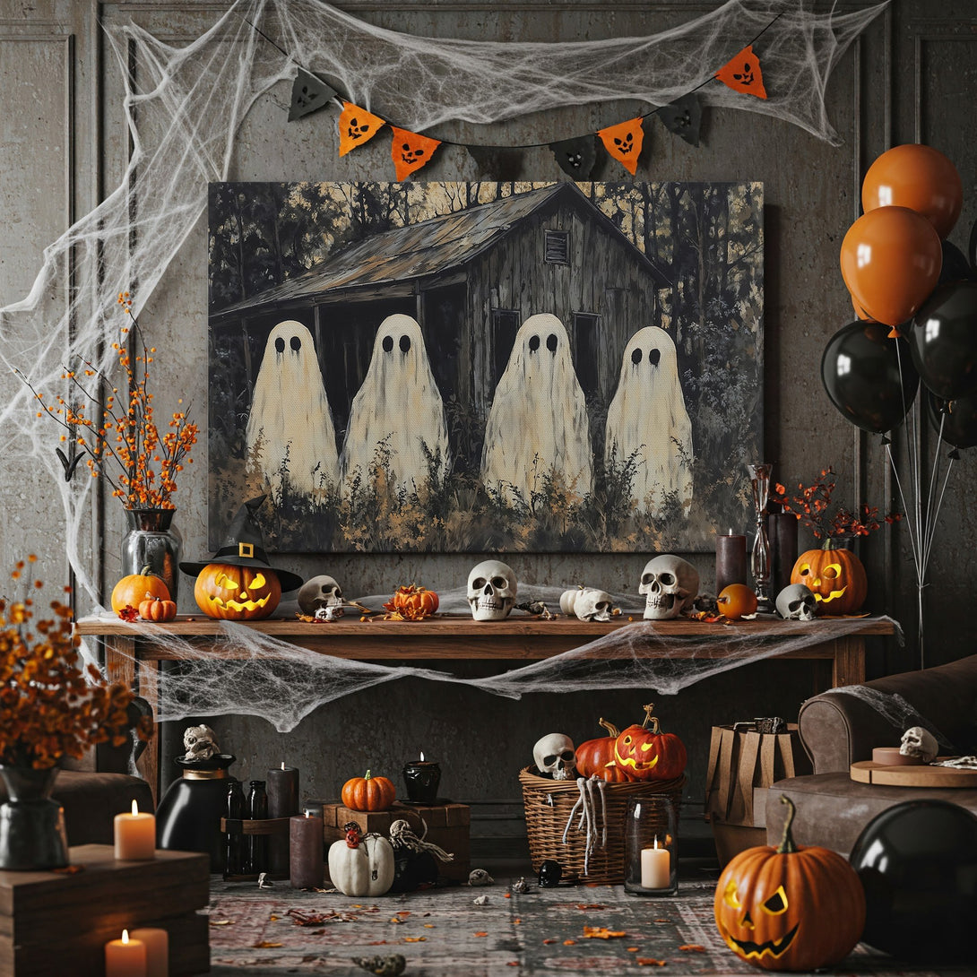 Framed Wall Art featuring spooky ghosts and a haunted house. Dark, moody color palette perfect for Halloween decor. Add a touch of fright to your home!