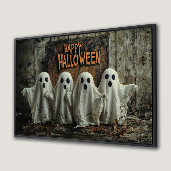 Framed Wall Art: Spooky Halloween decor featuring friendly ghosts in a rustic setting. Earthy tones with orange accents. Perfect for seasonal home decor!