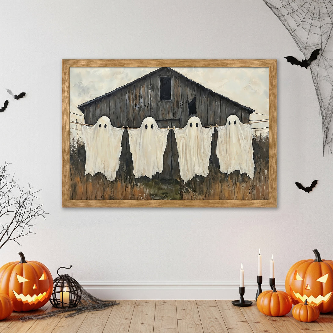 Framed Poster featuring a whimsical Halloween scene with ghosts and a barn, in a rustic style with a neutral color palette.