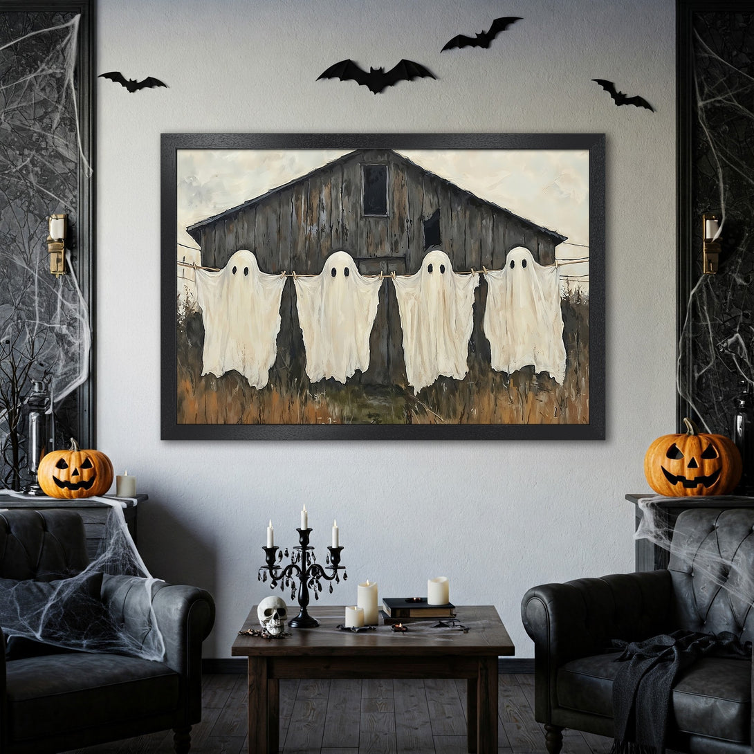 Framed Poster featuring a spooky barn scene with ghosts, perfect Halloween decor. Rustic style, neutral & orange color palette.
