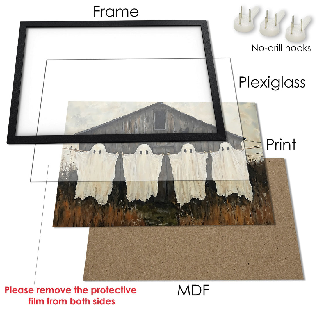 Framed Poster featuring ghosts hanging on a clothesline, rustic style with neutral tones. Spooky fall decor.
