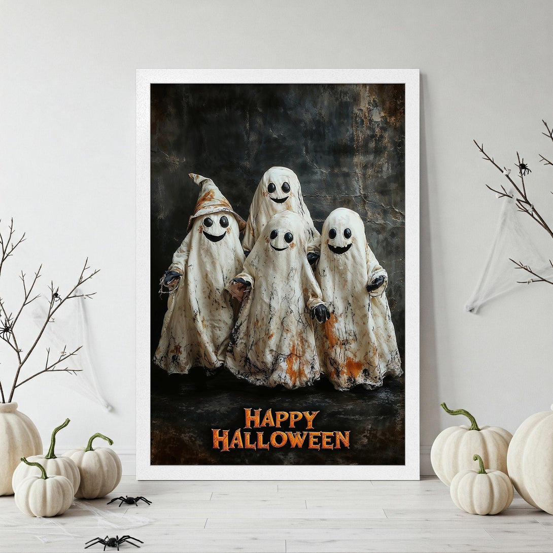 Framed Poster featuring friendly Halloween ghosts in a rustic style. The color palette includes white, black, and orange. Perfect spooky decor!