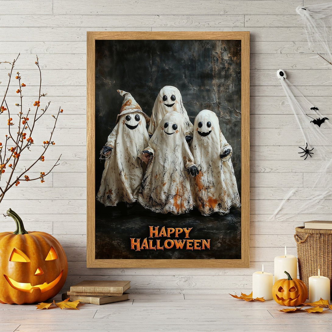 Framed Poster featuring friendly ghosts in a rustic style with a dark, moody background and a warm, autumnal color palette. Perfect Halloween decor!