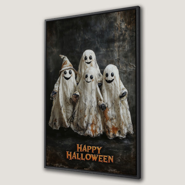 Framed Wall Art featuring whimsical Halloween ghosts in a vintage style. Dark, moody color palette with pops of orange. Perfect spooky decor.