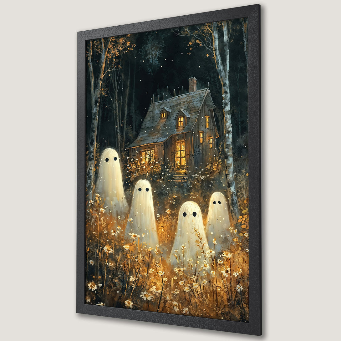 Framed Poster featuring a whimsical haunted house scene with ghosts, in a dark, warm color palette. Perfect Halloween decor!