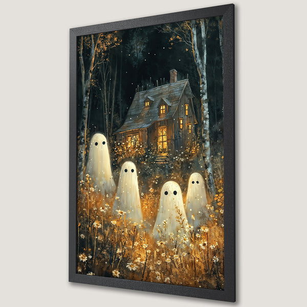 Framed Poster featuring a whimsical haunted house scene with ghosts, in a dark, warm color palette. Perfect Halloween decor!