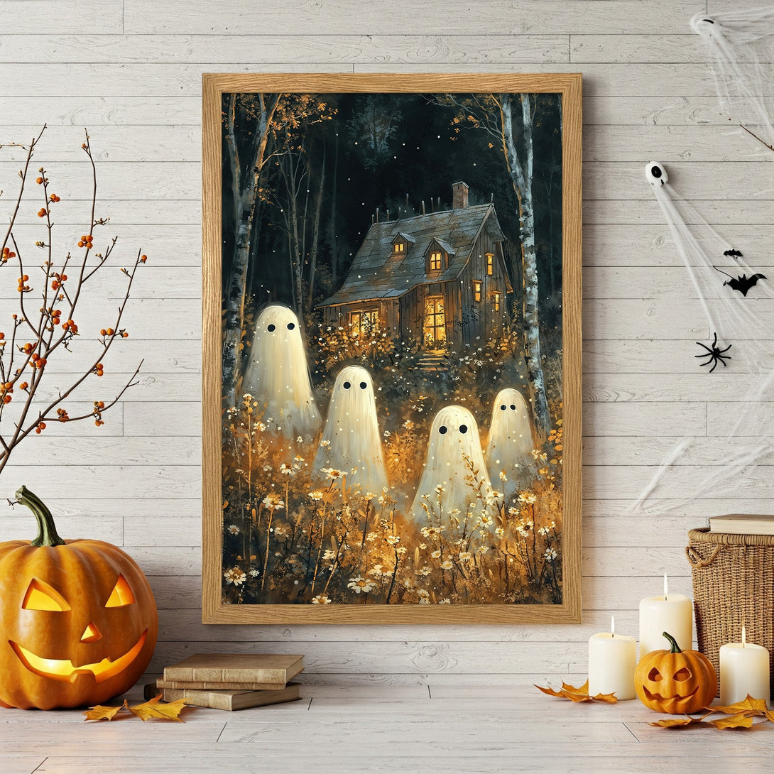 Framed Poster: Spooky Halloween scene with ghosts, cabin, & warm color palette. Perfect fall decor!