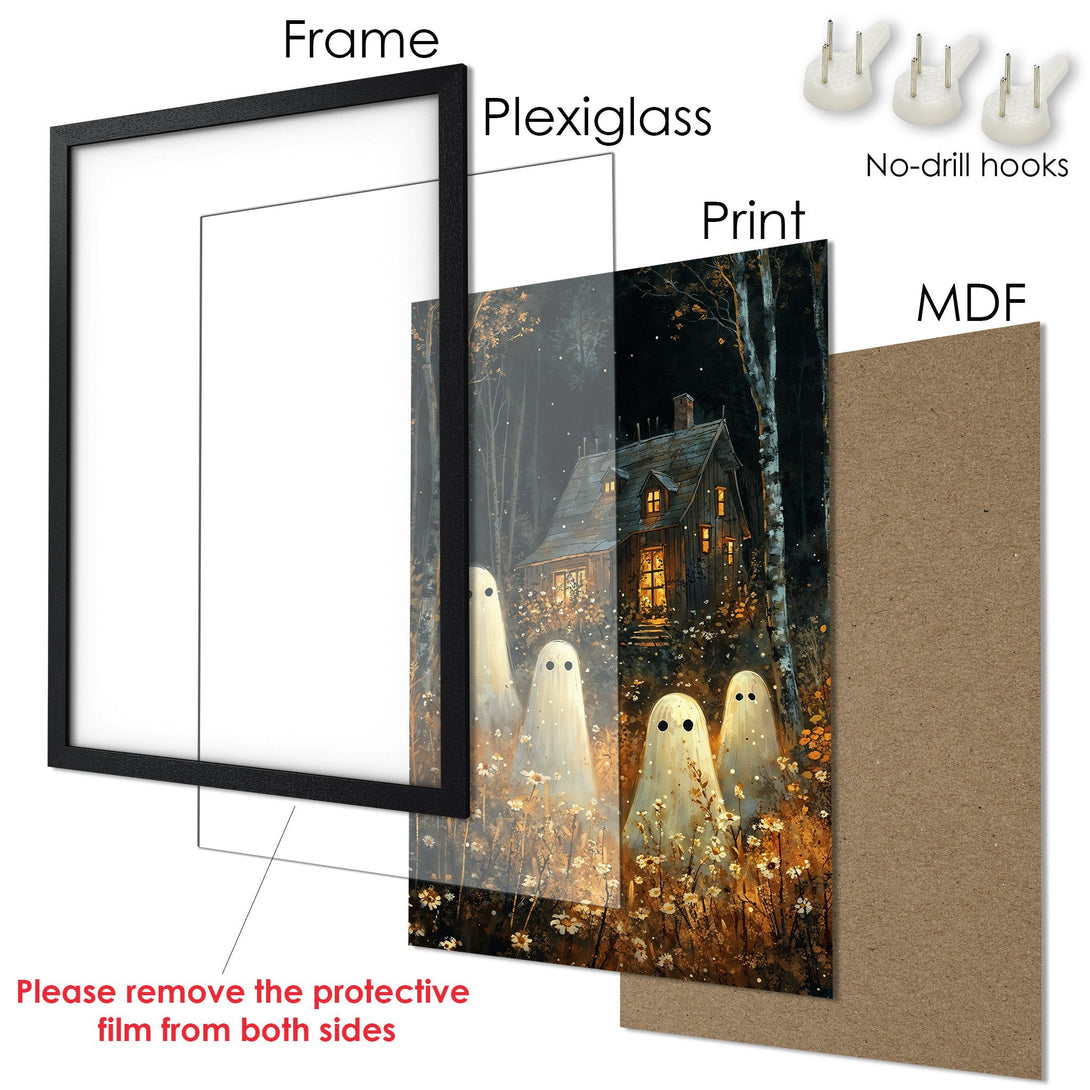 Framed Poster featuring a spooky house and ghosts in a whimsical style with a warm, autumnal color palette. Perfect Halloween decor!