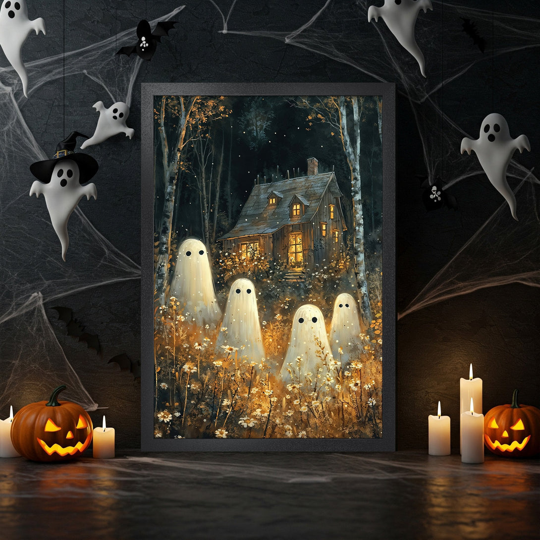 Framed Poster of a haunted house with ghosts, in a whimsical style with warm, autumnal tones. Perfect Halloween decor!