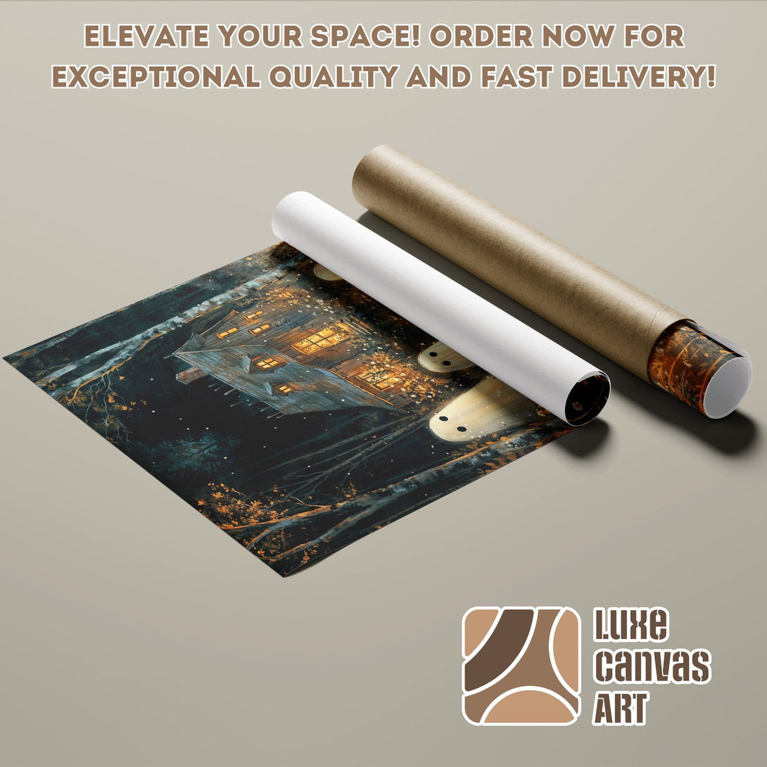 Haunted house poster roll art, dark & moody style, warm color palette. Elevate your space! Order now!