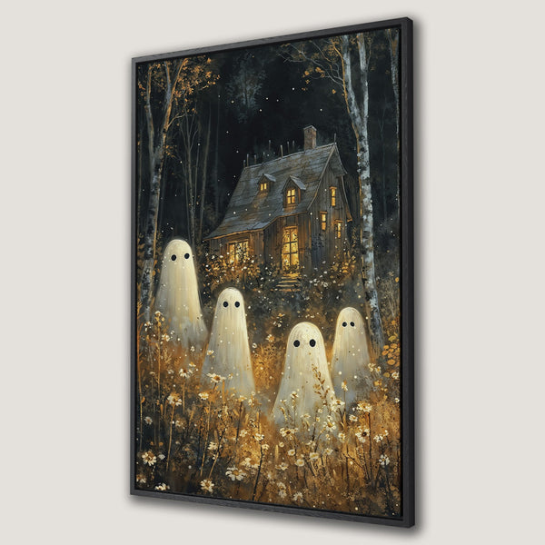 Framed Wall Art featuring a whimsical illustration of ghosts in a forest with a spooky cabin. Dark, moody color palette with warm golden accents. Perfect Halloween decor.