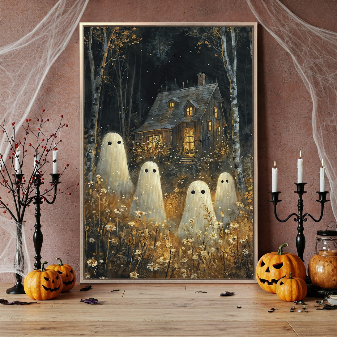Framed Wall Art: Spooky Halloween scene with ghosts, a haunted house, and warm color palette. Perfect for fall decor!