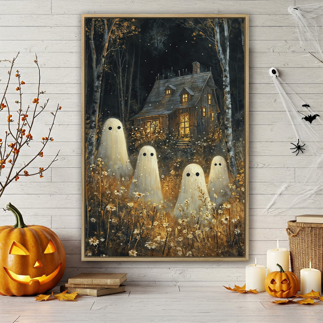 Framed Wall Art: Spooky Halloween scene with ghosts, a haunted house, and a dark, warm color palette. Perfect seasonal decor for your home!