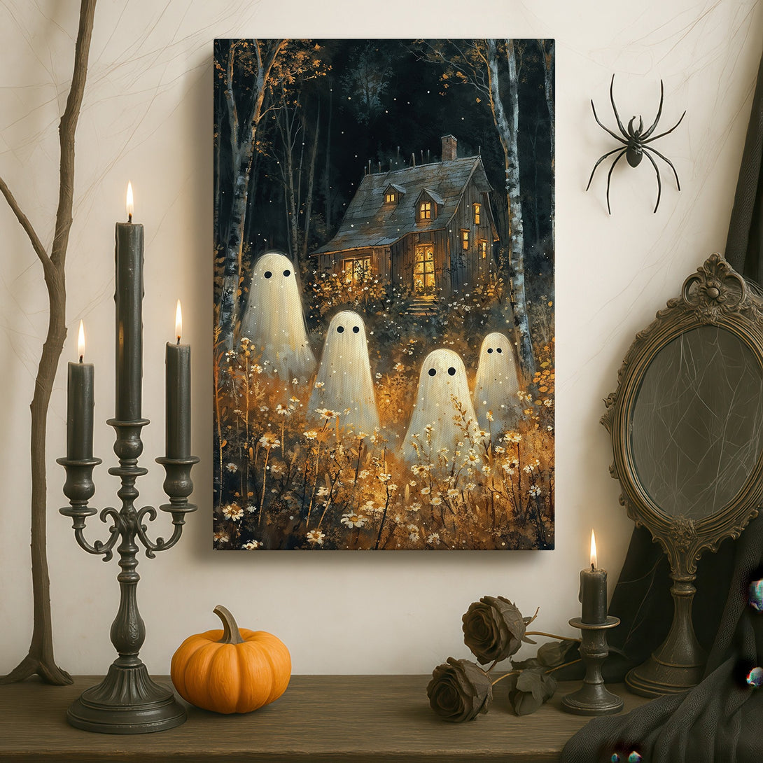 Framed Wall Art: Spooky ghost painting in a dark, moody interior. Features a haunted house, ghosts, and a gold frame. Perfect for Halloween decor.