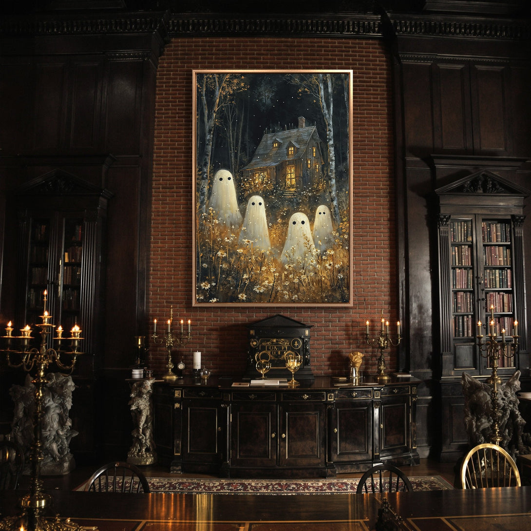 Framed Wall Art: Spooky ghost art print in a dark, moody interior. Features a whimsical scene with ghosts and a house, using a warm, autumnal color palette.