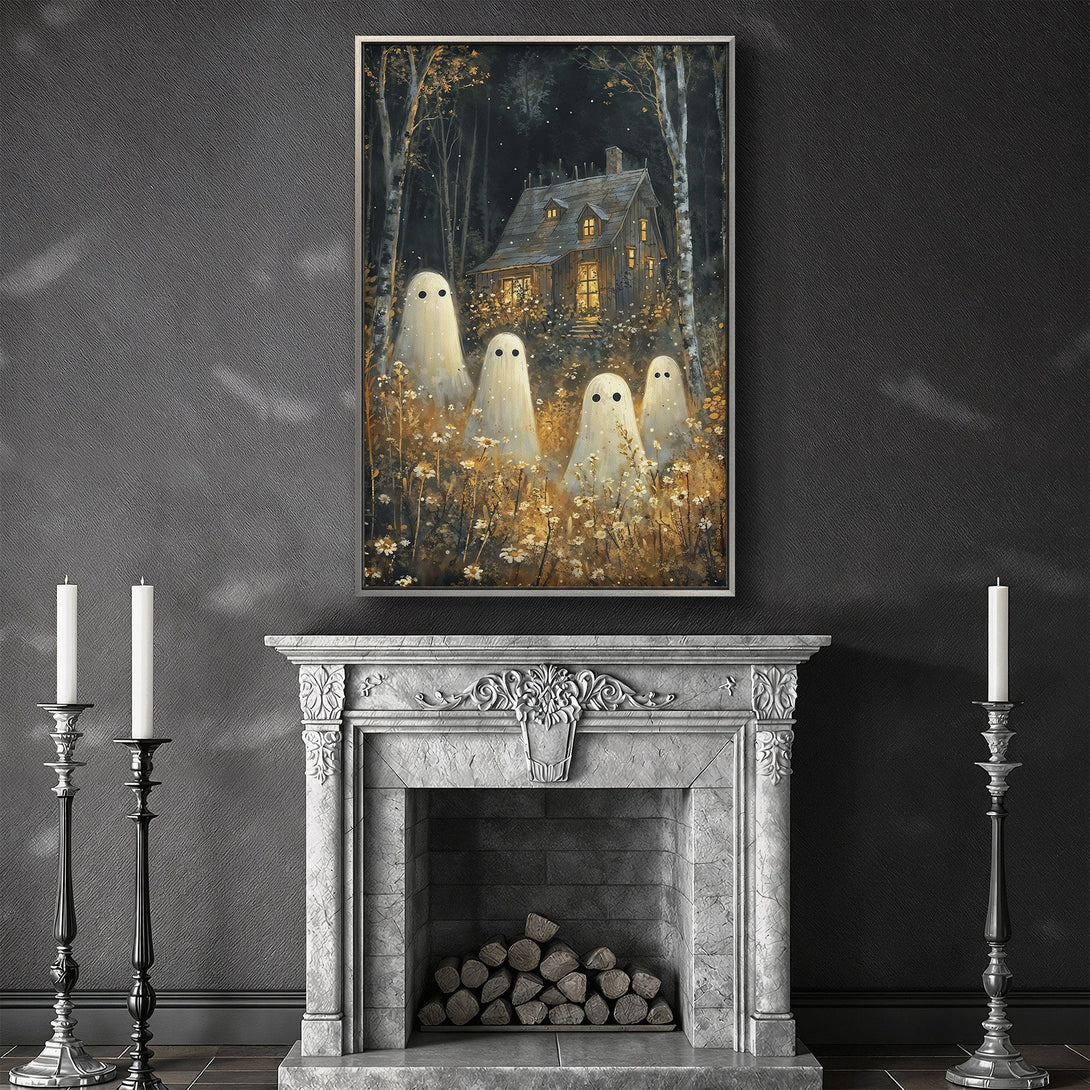 Framed Wall Art: Spooky ghost scene in a dark, warm-toned palette. Perfect Halloween decor! Features a haunted house and friendly ghosts.