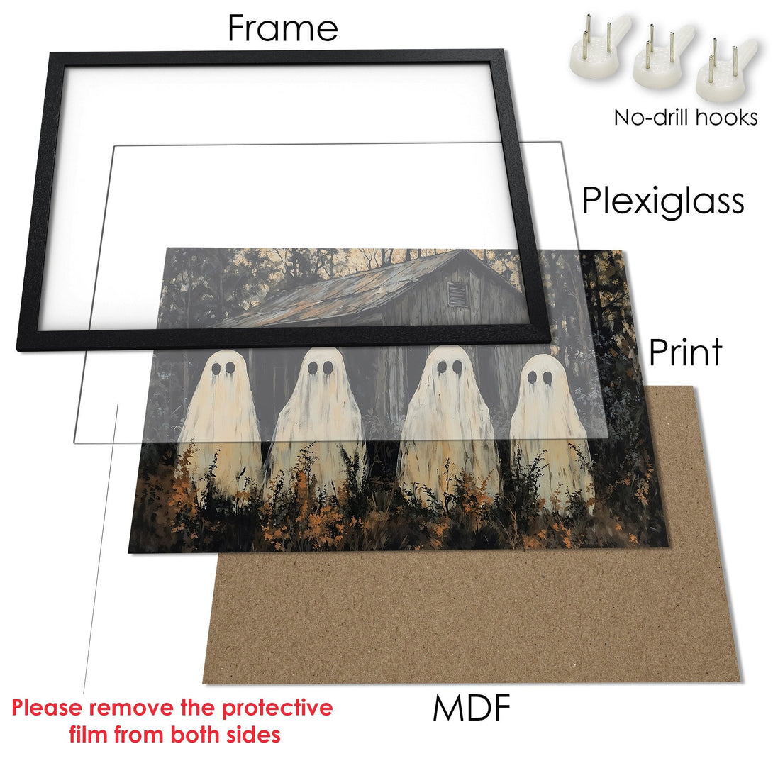 Framed Poster featuring spooky ghosts art in a rustic style with a muted color palette. Perfect Halloween decor!