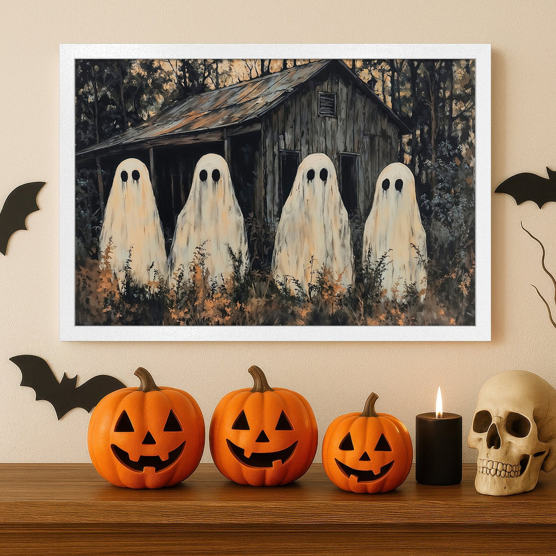 Framed Poster featuring spooky ghosts in a dark forest, perfect for Halloween decor. Neutral tones with a touch of orange.