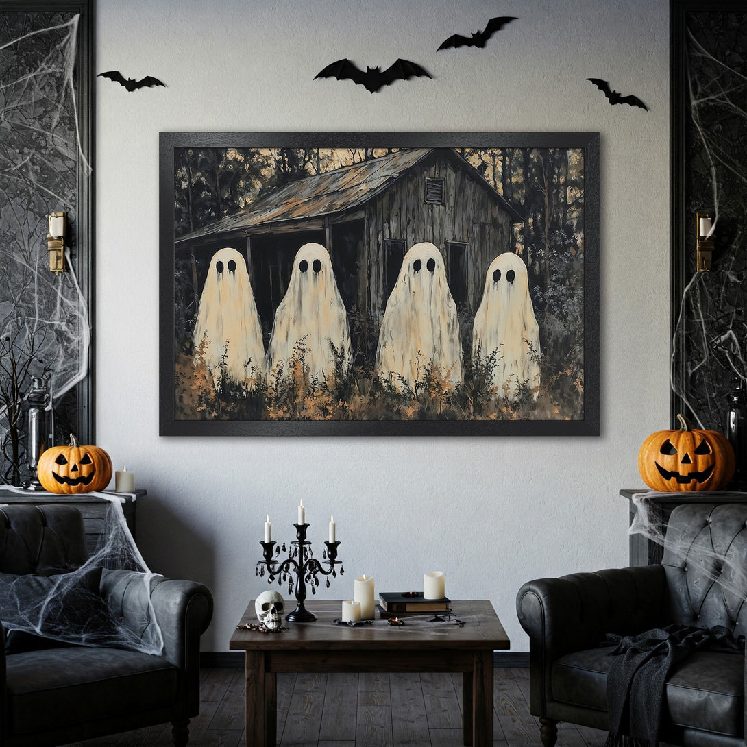 Framed Poster featuring spooky ghosts in a rustic style, with a muted color palette perfect for Halloween decor. Add a touch of eerie charm!