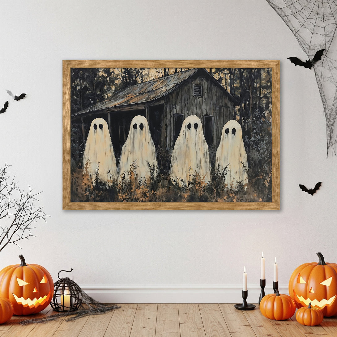 Framed Poster featuring spooky ghosts in a rustic style with a muted, earthy color palette. Perfect Halloween decor!