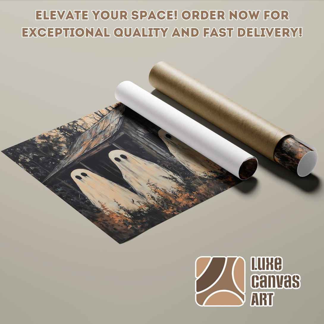 Haunted house art Poster Roll, spooky style, neutral color palette. Order now!