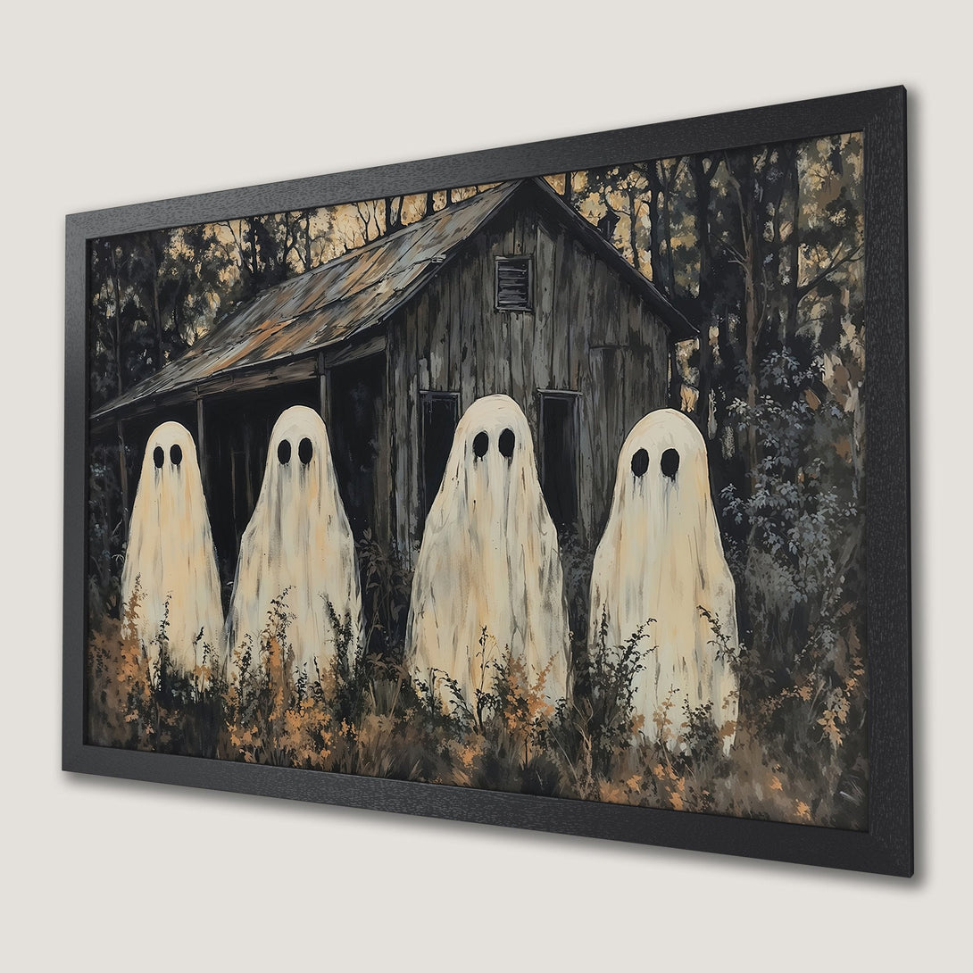 Framed Poster: Spooky ghost art print with a rustic cabin in a muted color palette. Perfect Halloween decor!