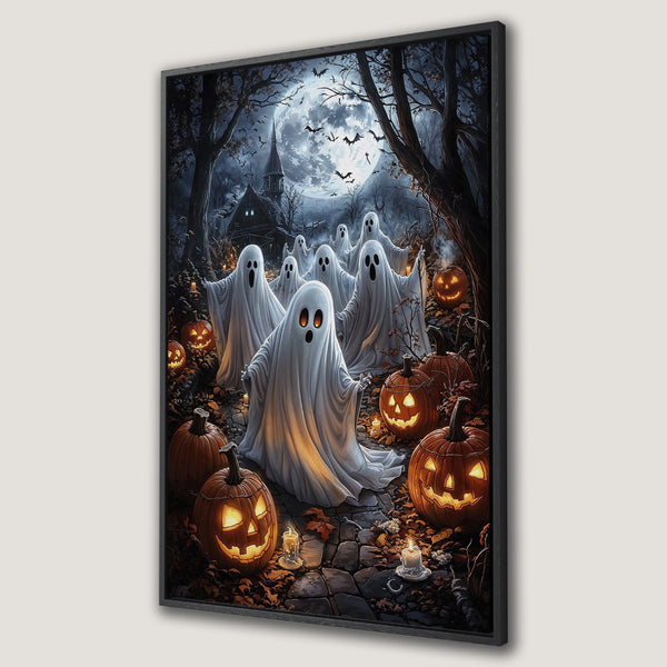 Framed Wall Art: Spooky Halloween scene with ghosts, jack-o'-lanterns, and a full moon. Dark, atmospheric illustration in a cool, muted color palette. Perfect for Halloween decor!
