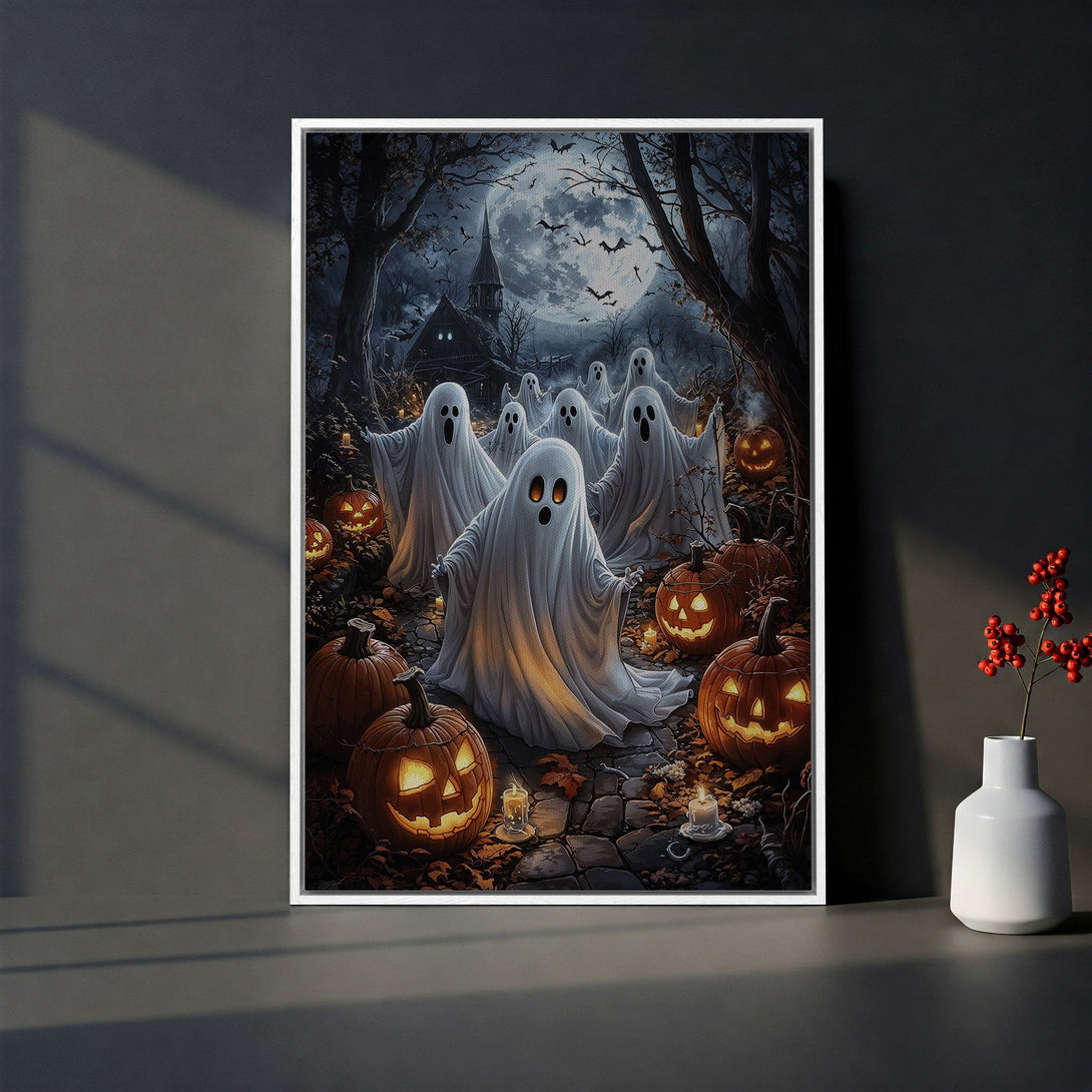 Framed Wall Art: Spooky Halloween scene with ghosts, pumpkins, and a haunted house. Dark, atmospheric color palette. Perfect for seasonal decor.