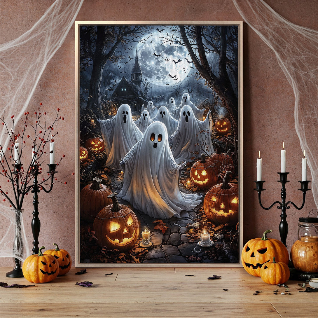 Framed Wall Art: Spooky Halloween scene with ghosts, pumpkins, and a full moon. Dark, atmospheric artwork with a cool color palette. Perfect for seasonal decor!