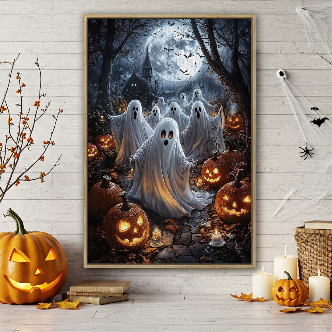 Framed Wall Art: Spooky Halloween scene with ghosts, pumpkins, and a full moon. Dark, atmospheric artwork in blue, orange, and white. Perfect for Halloween decor!