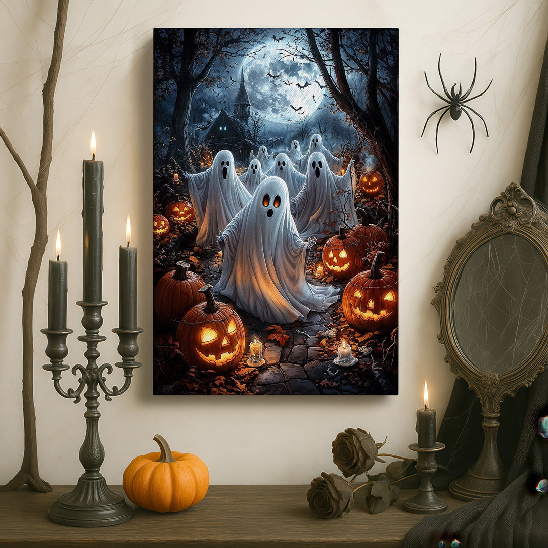 Framed Wall Art: Spooky Halloween ghosts & pumpkins in a dark, gothic style. Blue, orange, and black color palette. Perfect for adding a touch of eerie charm.