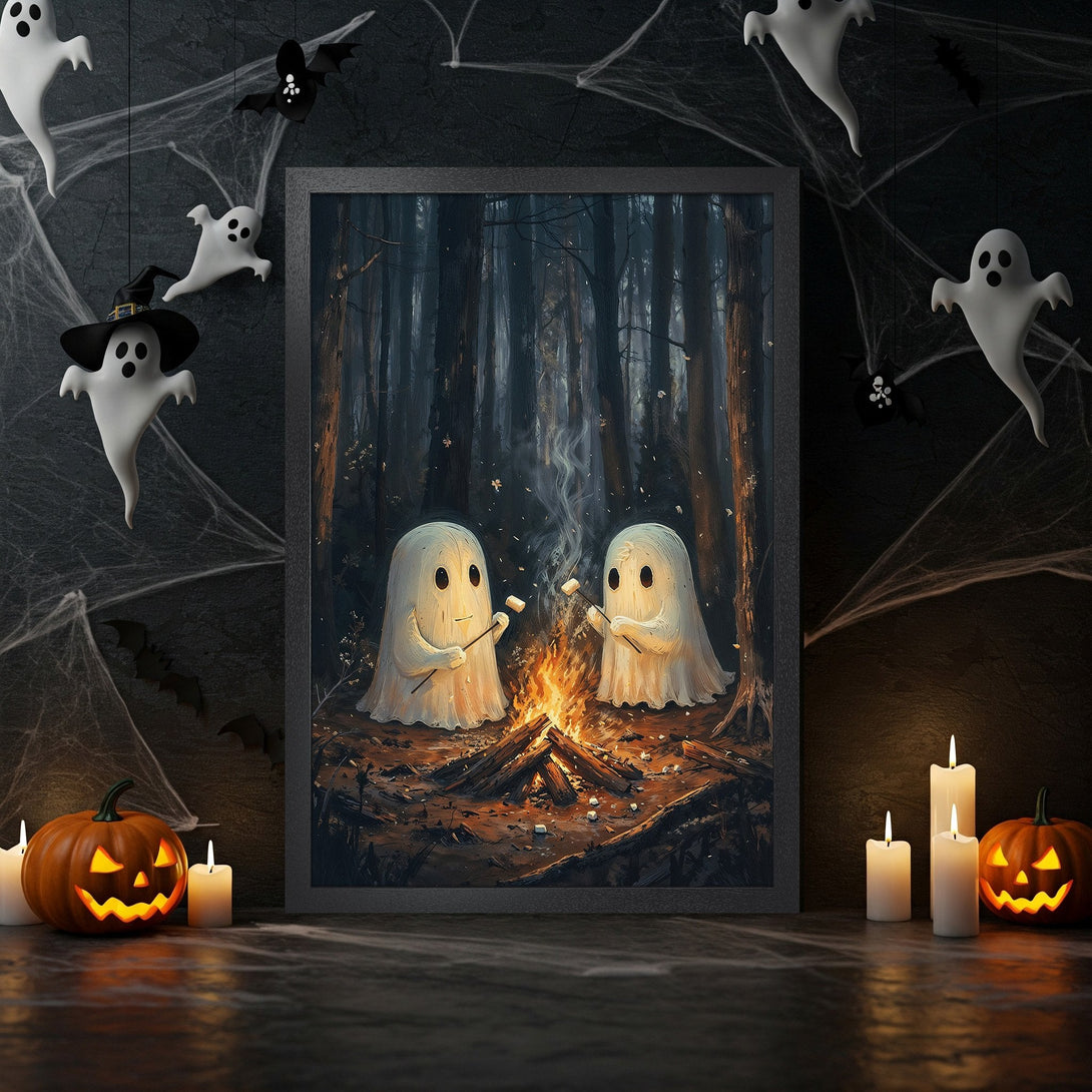 Framed Poster: Spooky Halloween art with ghosts roasting marshmallows in a dark forest. Warm color palette, whimsical style. Perfect for fall decor.