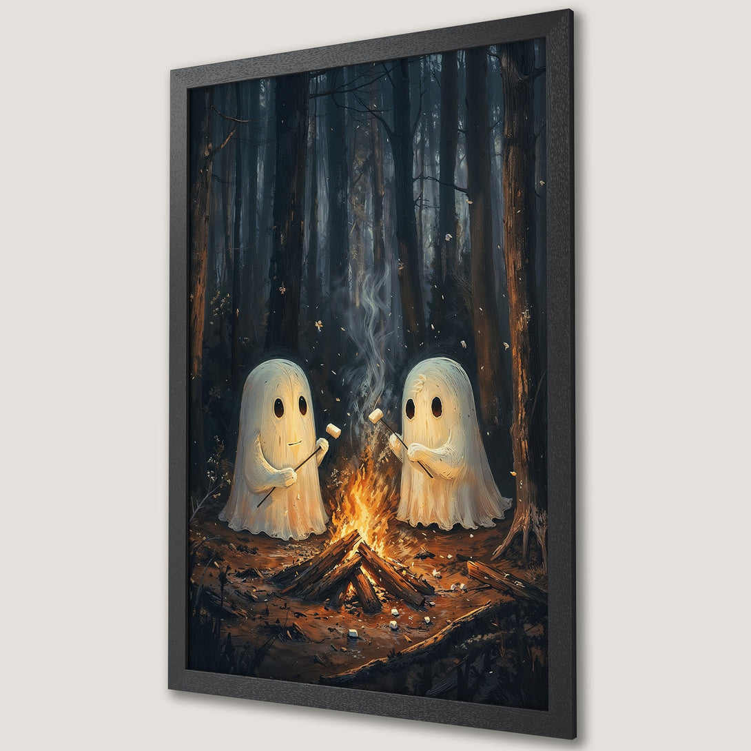 Framed Poster featuring cute ghosts roasting marshmallows by a campfire in a dark forest, with a warm, inviting color palette. Perfect wall art!